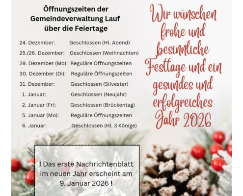 Öffnungszeiten über die Feiertage 25-26